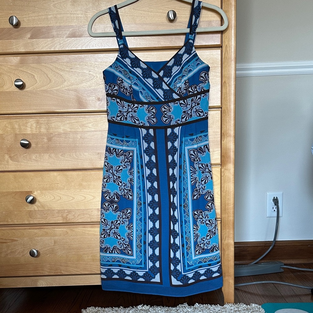 Silk Blue Patterned V-Neck Sundress